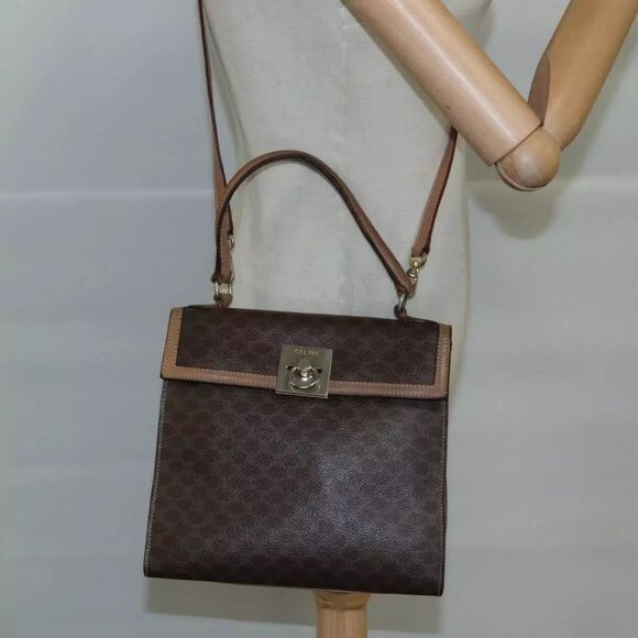 CELINE Macadam Canvas Hand Bag PVC Leather 2way Brown Auth - Picture 4 of 16